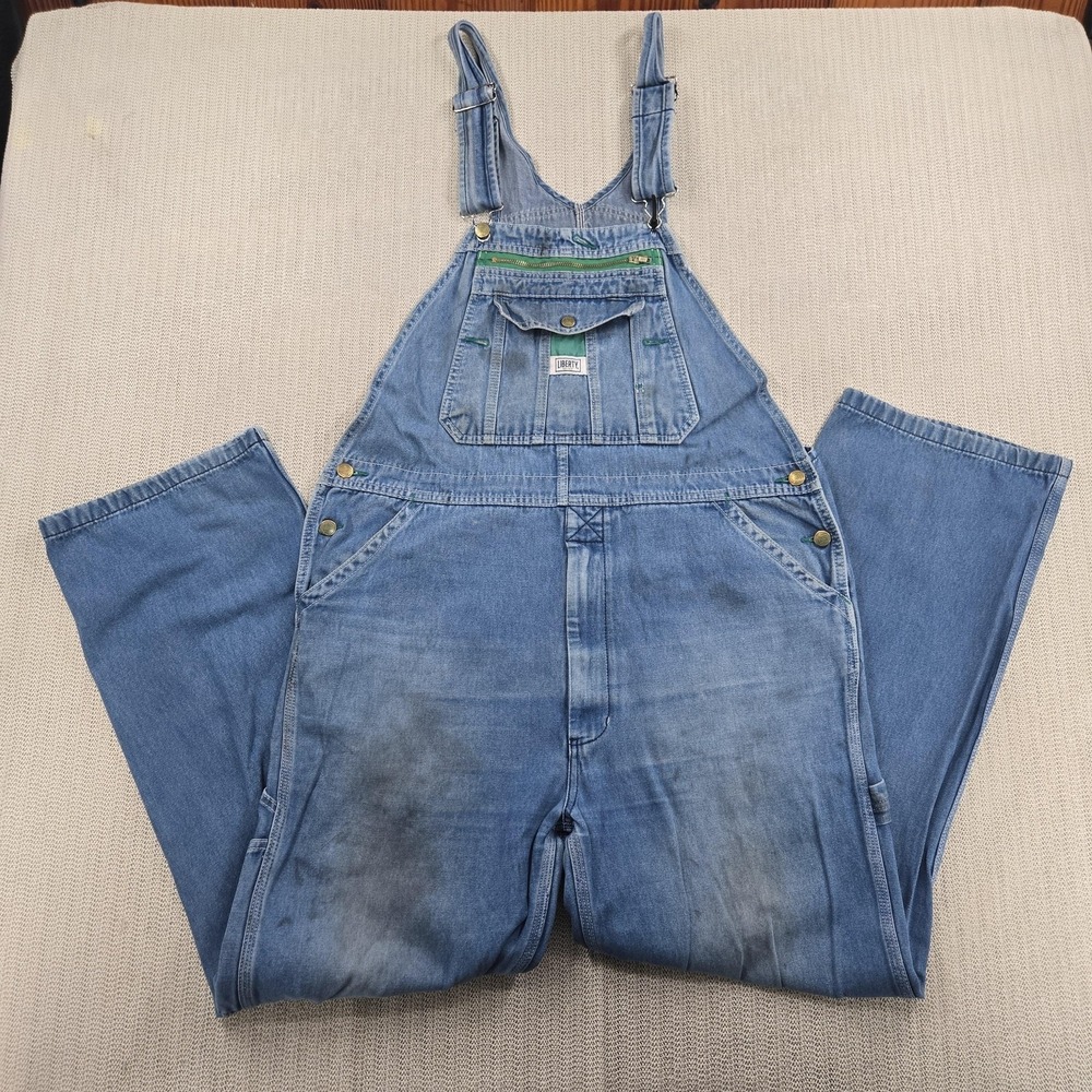 Liberty Bib Overalls Mens 38x32 Blue Denim Carpenter Workwear Distressed